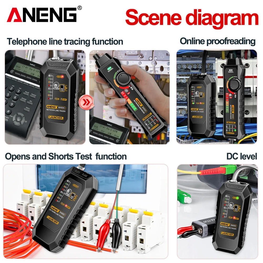 ANENG M469C Network Cable Tester RJ45 RJ11 LAN Cable Network Line Finder Test Proofreading Measure DC Repair Tool