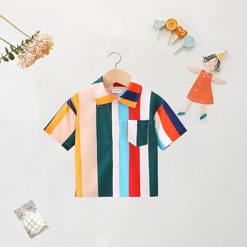Summer (0-3) Boys Baby Short Sleeved Colorful Striped Printed Shirt Children's Short Sleeved Top T-shirt Shirt Casual Shirt