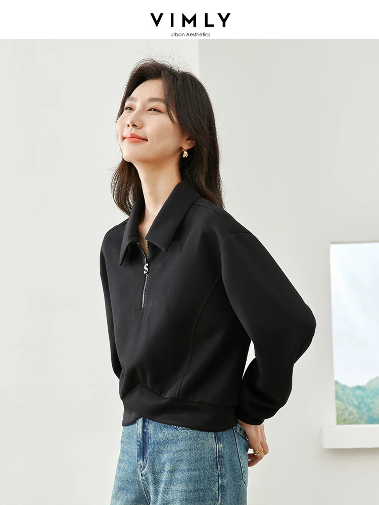 Vimly Black Crop Sweatshirt Women 2024 Spring New Casual Fashion Half Zipper Lapel Pullover Female Long Sleeve Top Woman M5795