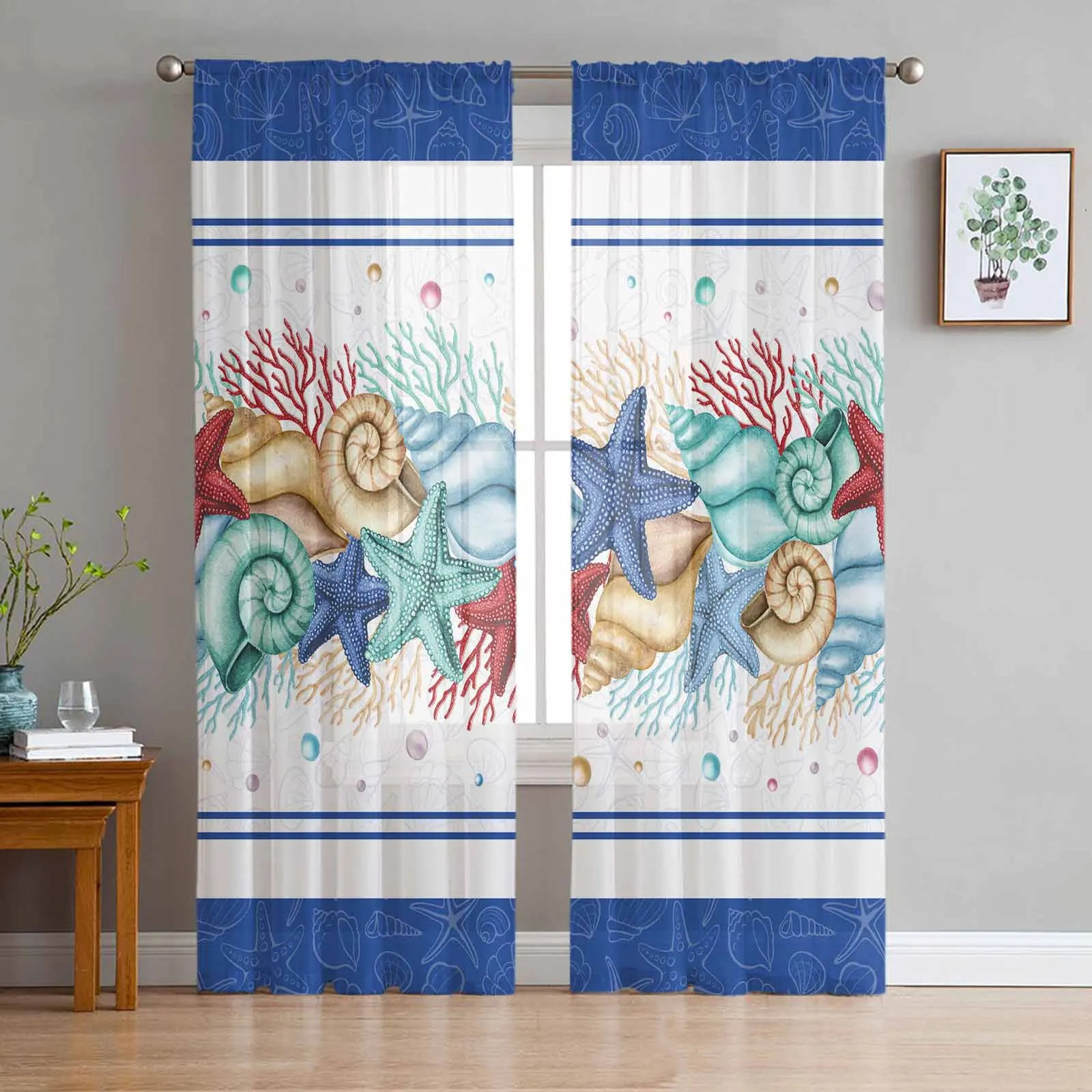 

Summer Marine Watercolor Starfish Shell Coral Blue Tulle Sheer Window Curtains for Living Room Bedroom Voile Hanging Curtain