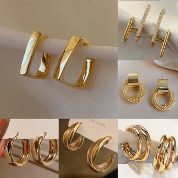 Vintage Fashion Geometric Earrings For Women Jewelry New Round Heat Circle C-shape Wedding Party Gold Color Earrings Pendientes