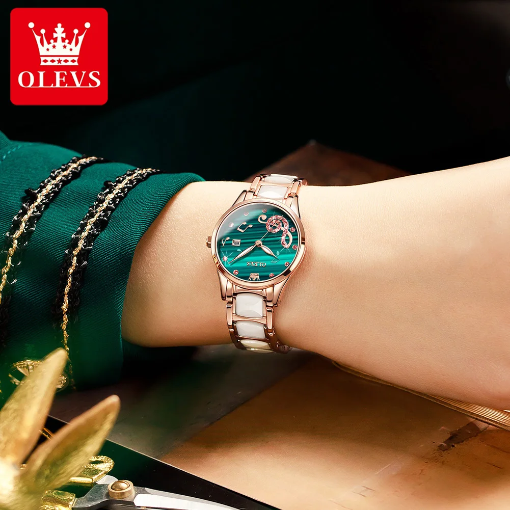 OLEVS Quartz Watches for Women Luxury Ceramic Strap Luminous Waterproof Calendar Dial Fashion Women's Wristwatches Gift Box Set