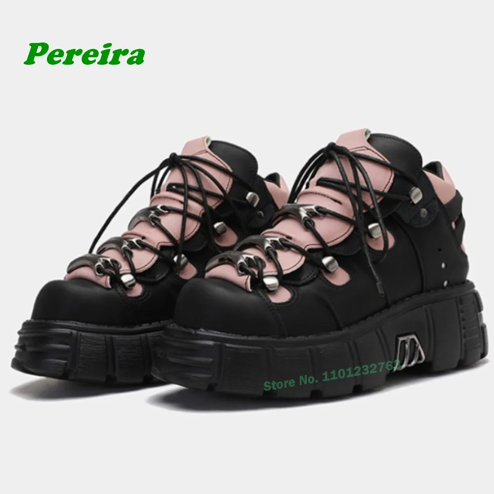 

Punk Retro Patchwork Women's Boots Round Toe Platform Lace Up Spicy Girls Rock Metal Tank Soled Gothic Y2K Casual Shoes Luxury