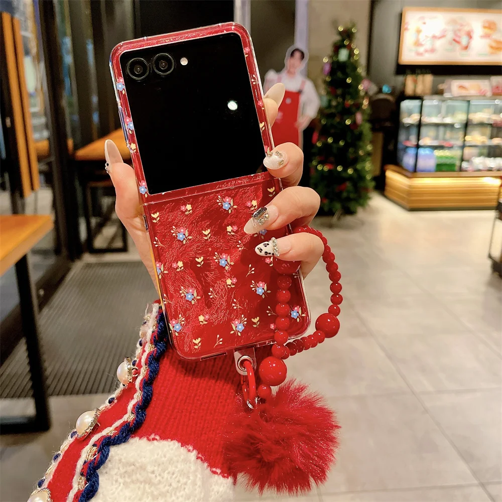 Red Flower Shockproof Protective Phone Case with Bracelet and Hairball Attachment