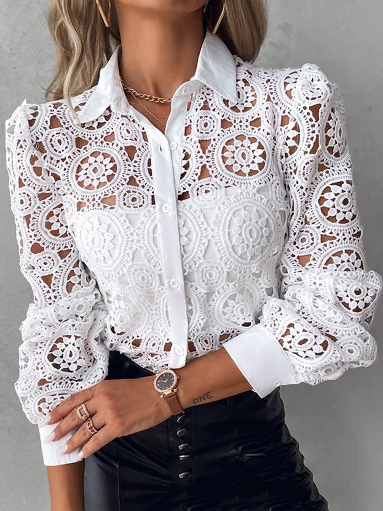 Lace Blouses For Women Elegant Office White Shirt Long Sleeve Button Lace Blouses For Women Elegant Office White Shirt Long Sleeve Button