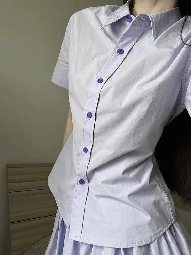 여성 폴로 칼라 플리츠 싱글 브레스트 투피스 세트, 스위트 칼리지 셔츠, 꽃 봉오리, 단색 분위기, 시크하고 부드러운 세트, 여름