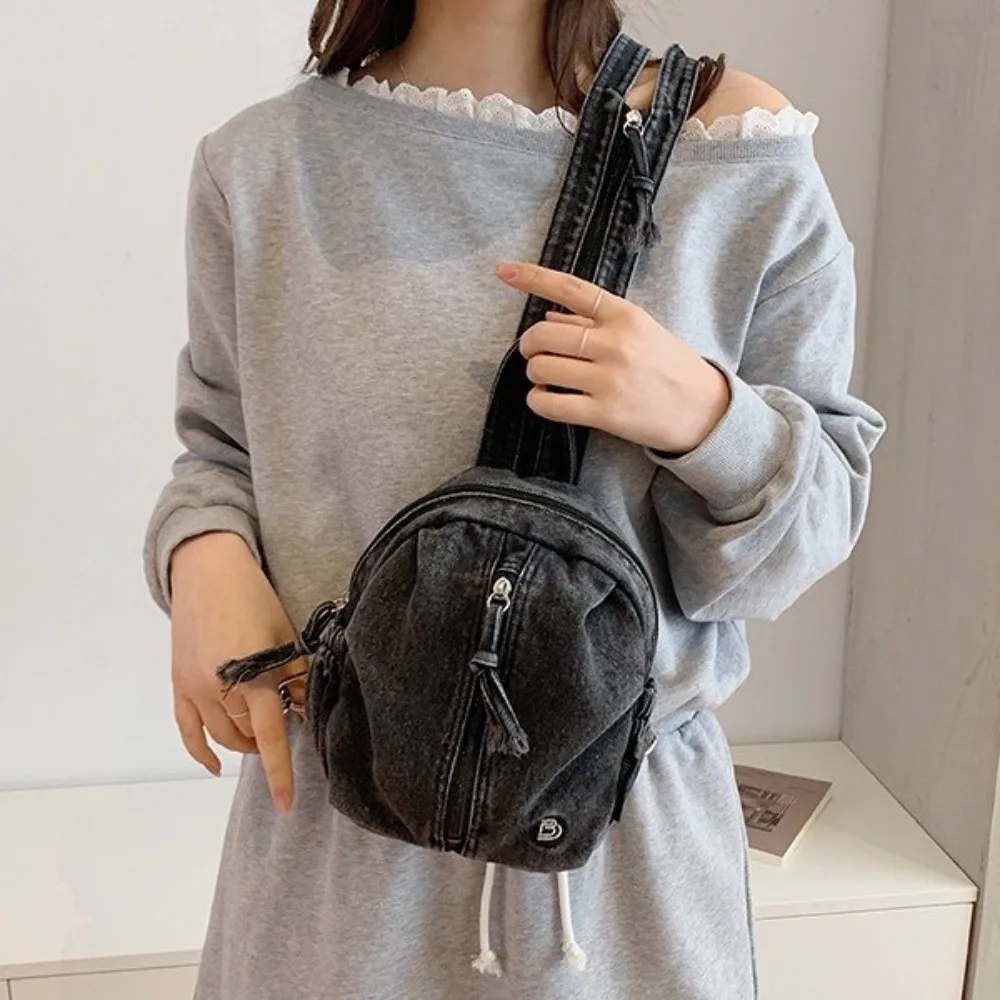 Elegante Zaino in Denim Morbido, Borsa a Tracolla Leggera Vintage Lavata, Mini Borsa da Viaggio Multiuso Versatile per Uso Casual - immagine 2