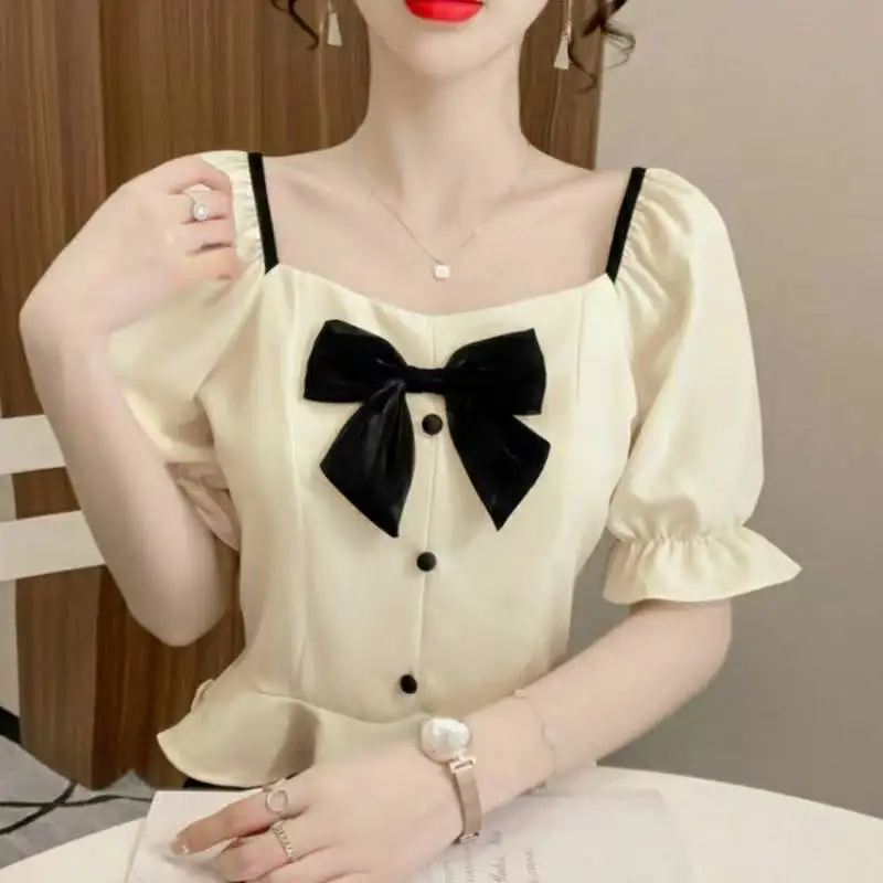 

Women's Summer New Sweet Temperament Short-sleeved Shirt French Square Neck Bow Chiffon Shirt DD251