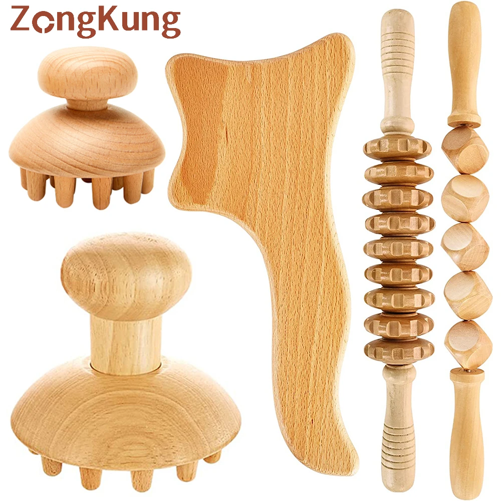 

ZONGKUNG Lymphatic Drainage Massager Fascial Massage Roller Stick,Wood Therapy Massage Tools, Maderoterapia Kit, Wooden Gua Sha