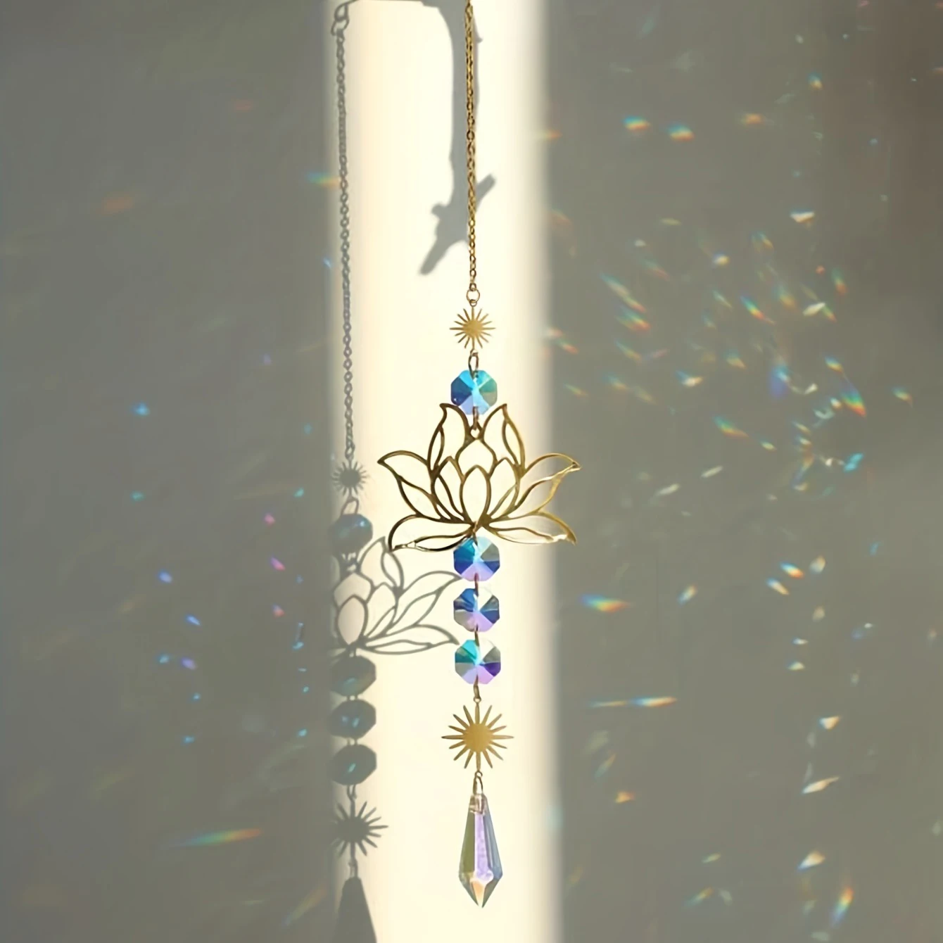 Elegant Metal Lotus and Crystal Suncatcher Charm – Handmade Wind Chime Pendant for Home and Garden Decor