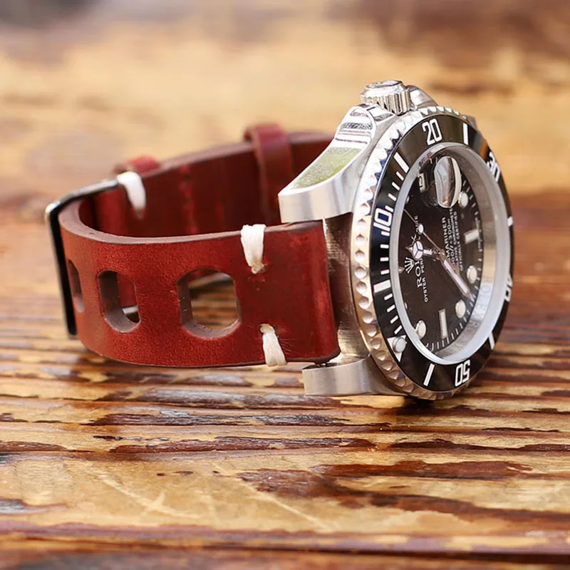 aliexpress.com - Genuine Leather Hand-Stitching Solid Color Watchband 18mm 20mm 22mm 24mm Breathable Hole Strap for Rolex Watch Watchbands Strap