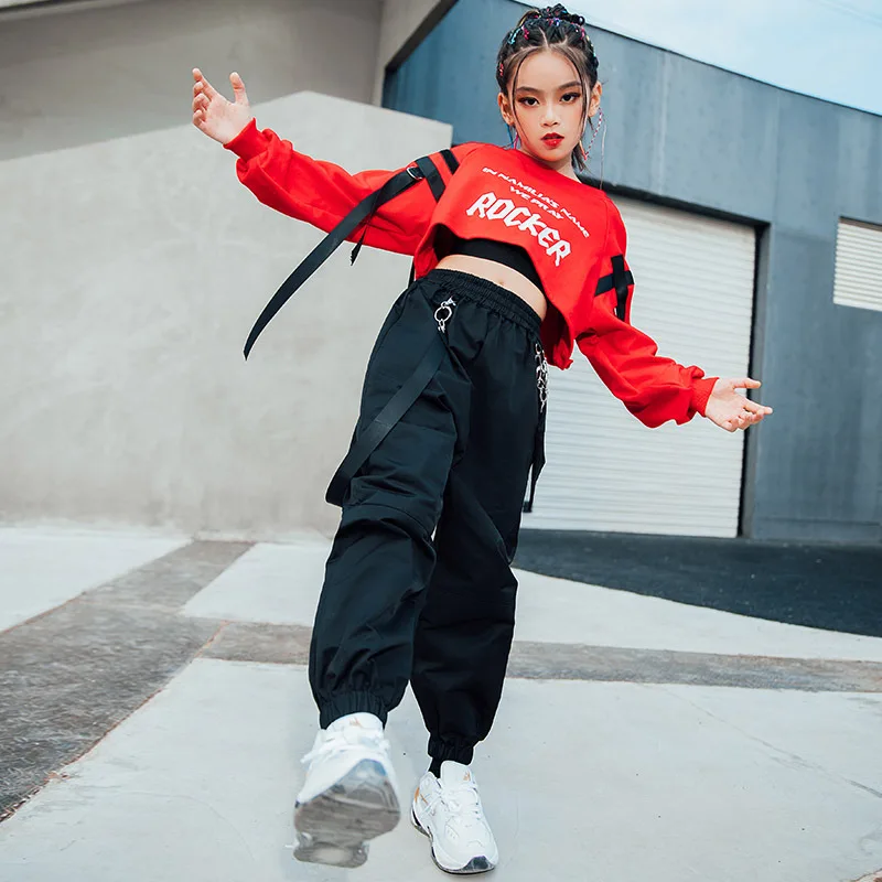 

Girls Hip Hop Clothing Red Tops Black Pants Casual Overalls Street Dance Wear Jazz Performance Clothes Hip Hop Kids Wear