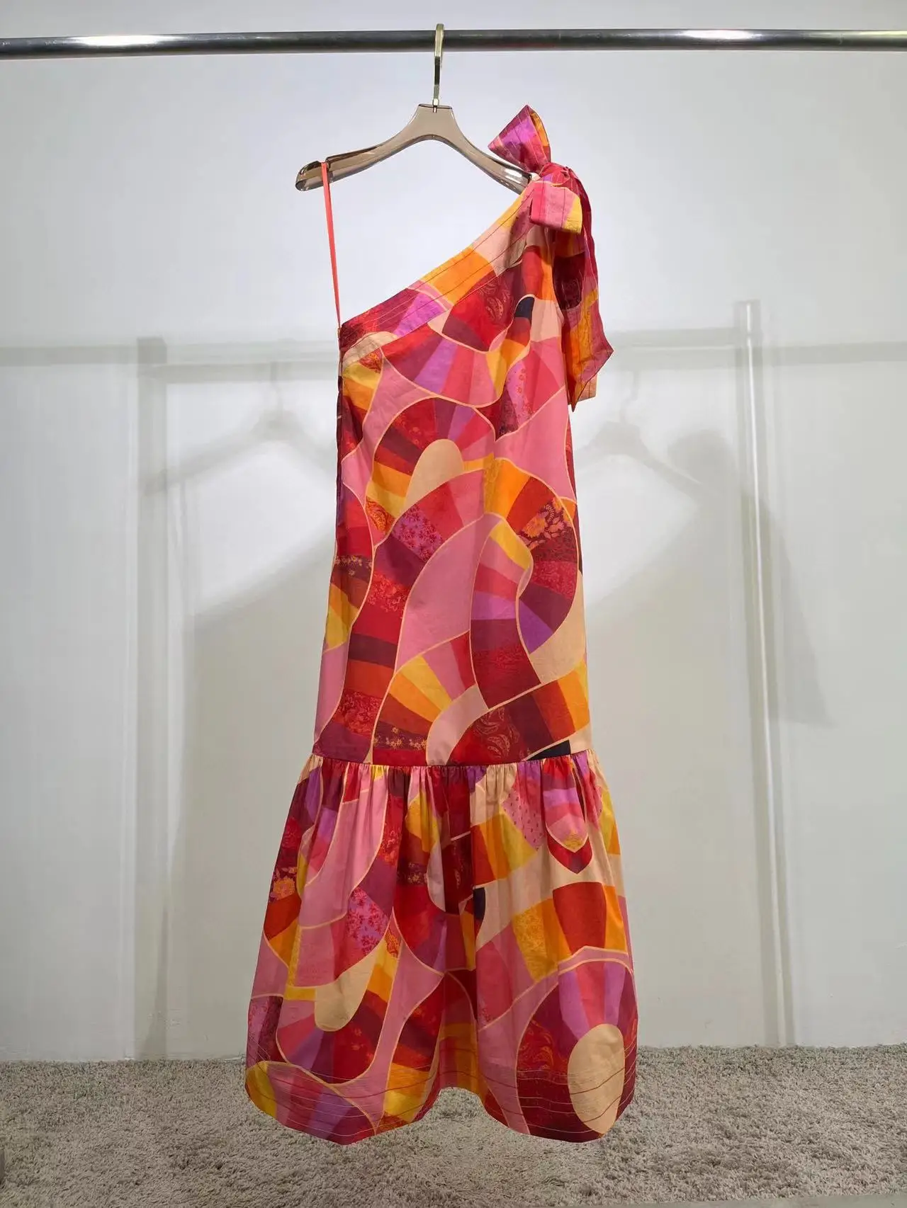 

HIGH QUALITY Newest 2022 Holiday Fashion Loose Dress Runway Sexy Women One Shoulders Flowers Printed Cotton Long Dress