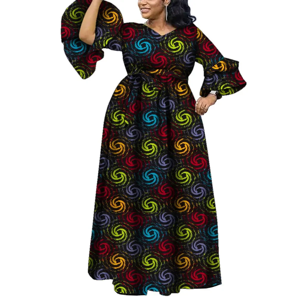 African Ankara Style Dresses for Women V Neck Robe Puff Sleeve Belt Long Dashiki Women Party Wedding Dresses Custom Made Wy9761