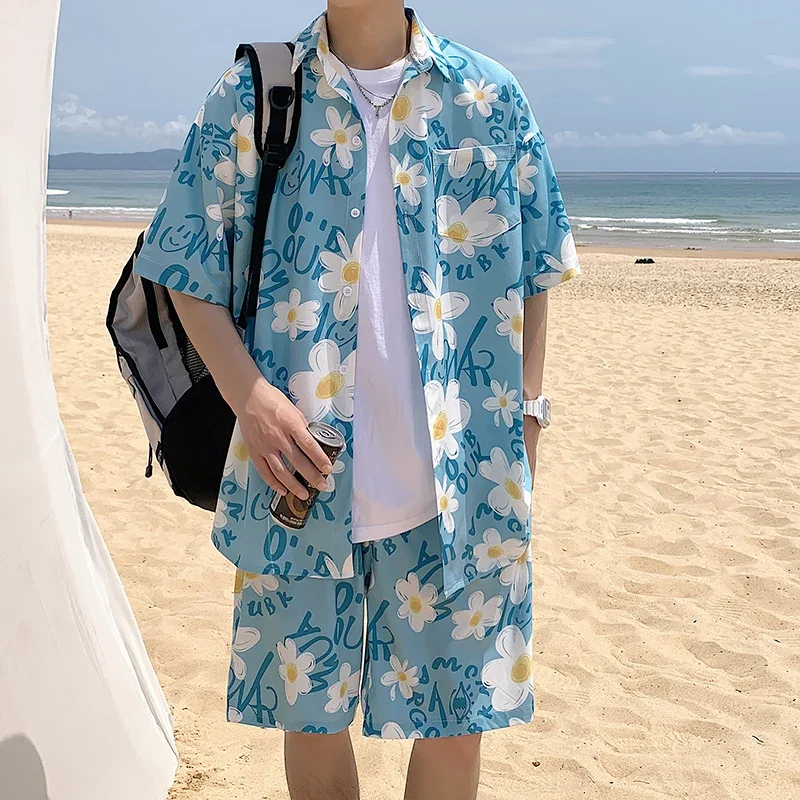 New Summer Men Sets Graffiti Floral Printing Short Sleeve Shirt with Shorts Thin Oversized Beach Suit Man