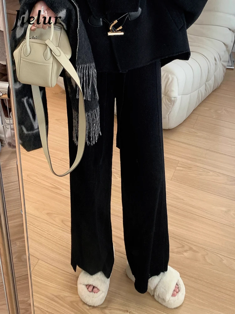 Jielur Split Lace-up Knitting Loose Women's Pants Simple Fashion Office Ladies Solid Color Casual Basic Female Wide Leg Pants