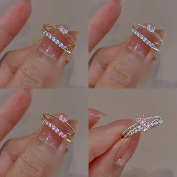 2 pezzi anelli a forma di cuore di cristallo delicati ed estetici per le donne ragazze color oro impilabili delicati anelli di barretta di amore set di gioielli 1