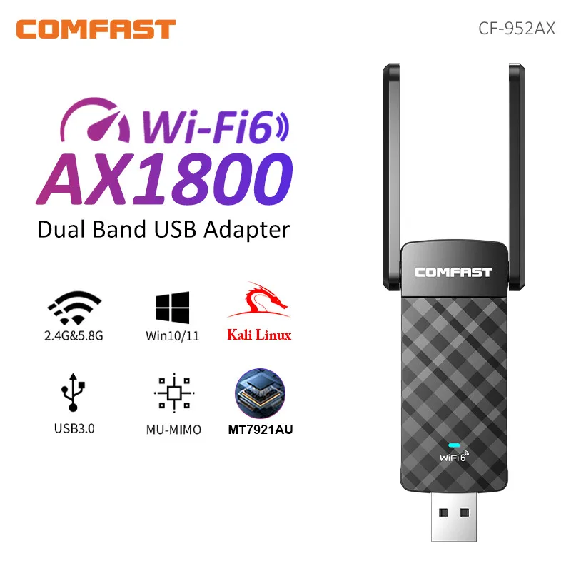 COMFAST WiFi 6 USB Adapter 2.4G&5.8G AX1800 USB3.0 Wireless Dongle Network Card MT7921AU WiFi6 Adapter For Win10/11 Kali Linux