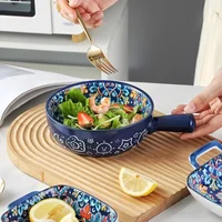 Bohemian Ceramic Hand-Painted Embossed Patterned Salad Bowl with Handle Kitchen Bakeware Microwave & Oven Safe 1 pc 5