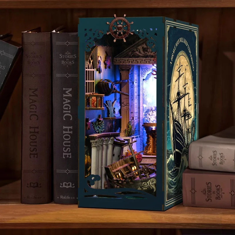 DIY Book Nook Shelf Insert Kits Riddle On The Seabed Bookshelf Wooden Miniature Model Kit Handmade Bookend Friends Xmas Gifts 2