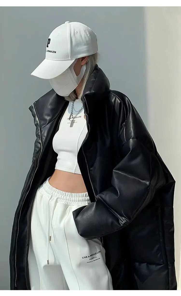 Winter Long Pu Leather Down Jacket Female Black Thick Warm Cotton Parka Outwears Women White Duck Down Knee Length Down Jackets