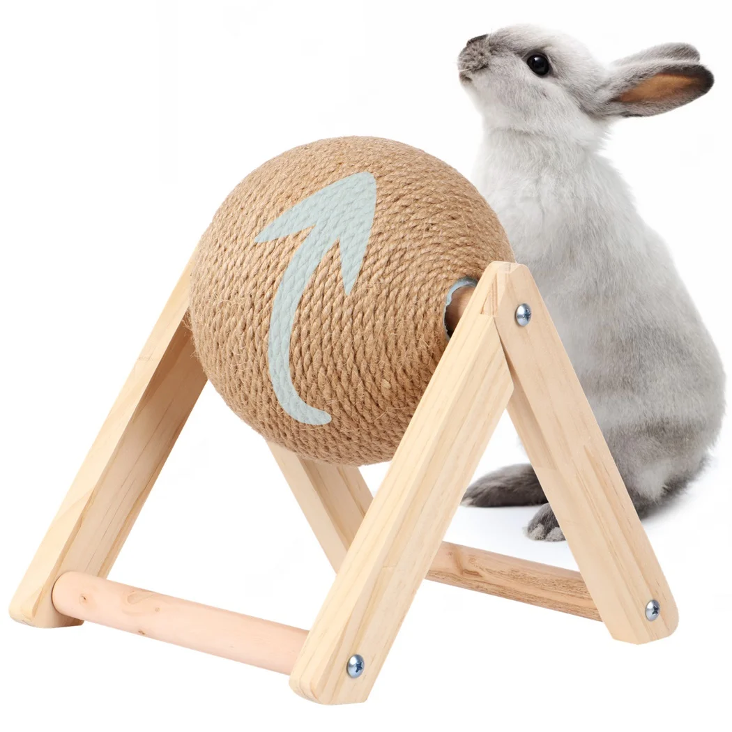 

Bunny Scratch Ball Spinning Rabbit Scratching Toy Natural Sisal Scratch Ball With Stable Wood Base Interactive Pet Scratcher Toy