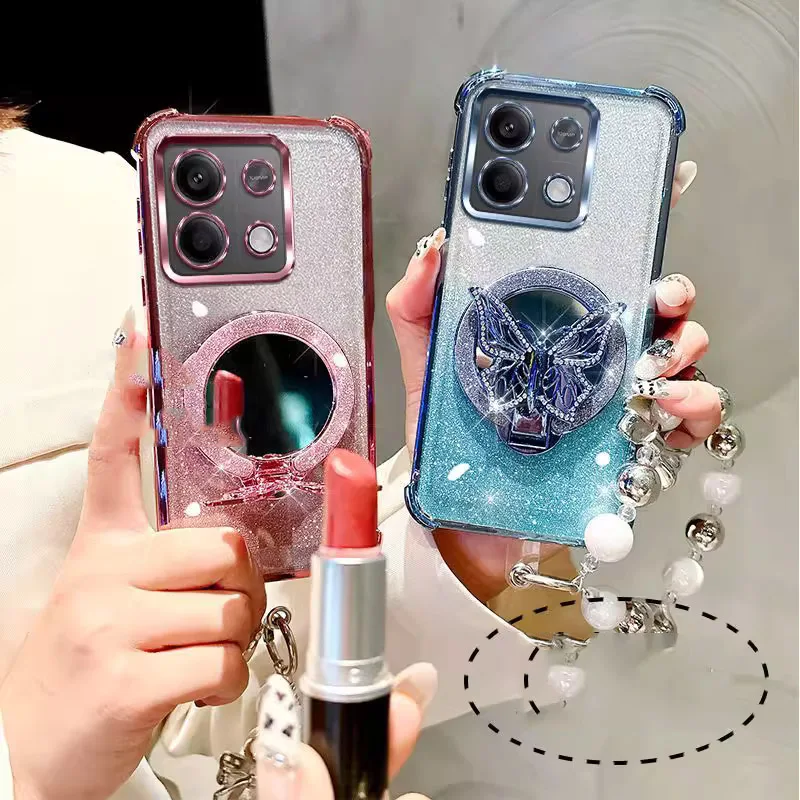 Elegant Mirror Shockproof Magnetic Phone Case with Butterfly Holder and Bracelet Cover