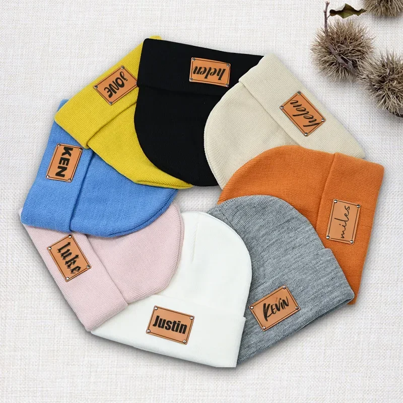 Oohmy Personalized Beanie Cap BOY GIRL Men Women Custom Beanies Leather Patch,Your Own Text Photo Logo Skull Cap Winter Warm Hat 5