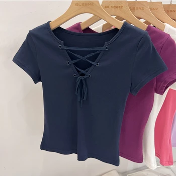 2025 خمر الصليب ضمادة الخامس الرقبة تي شيرت الصلبة سليم صالح قصيرة الأكمام البلوز المحملة Y2k الجمالية الشرير قمة الموضة غير رسمية 3