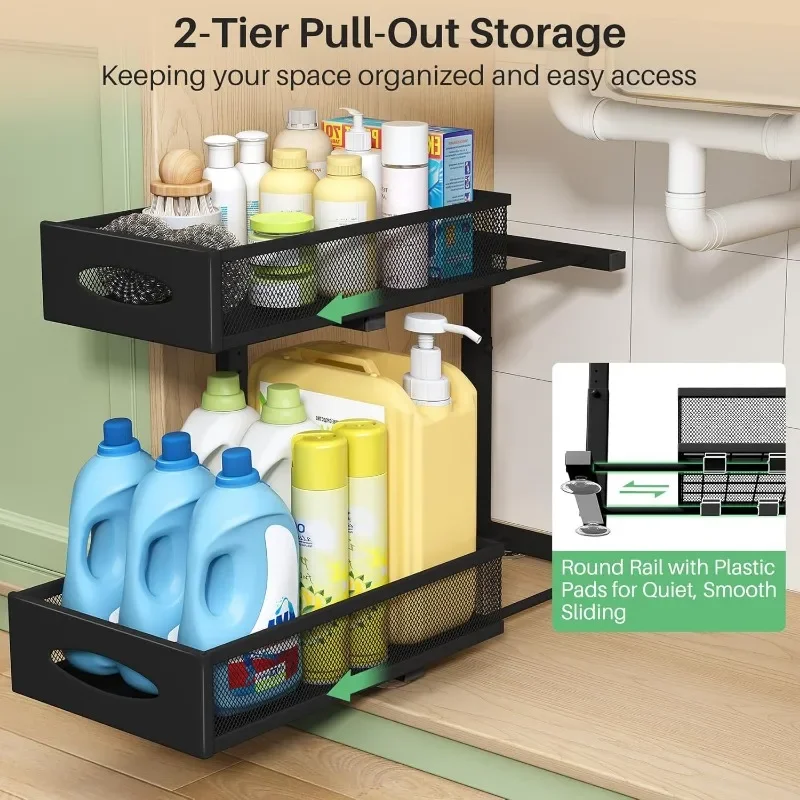Under Sink Organizer, 2 Tier Pull out Cabinet Organizer Baskets with Mesh Sliding Drawers, Slide out Storage Shelf (2 Pack) 3