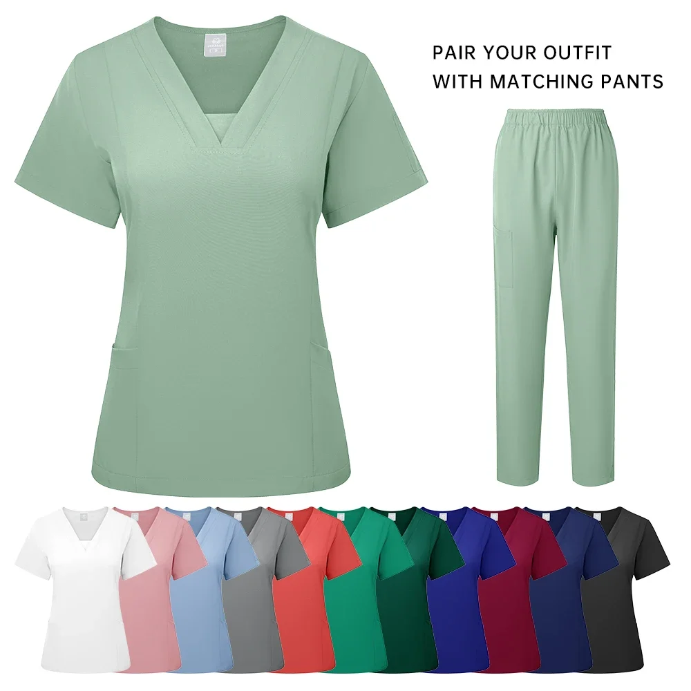 Nurse Uniform Suits Women Casual Short Sleeved V-neck Jogger