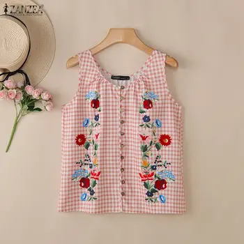 ZANZEA Women Bohemain Sleeveless Floral Tanks Tops Summer Blouse Vintage Holiday Beach Plaid Camis Casual Buttons Up Tees Blusas