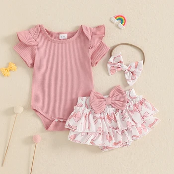 Toddler Infant Baby Girl Summer Clothes Set Solid Color Short Sleeve Romper Bow Sunflower Print Shorts Headband 3Pcs Outfits Set 1