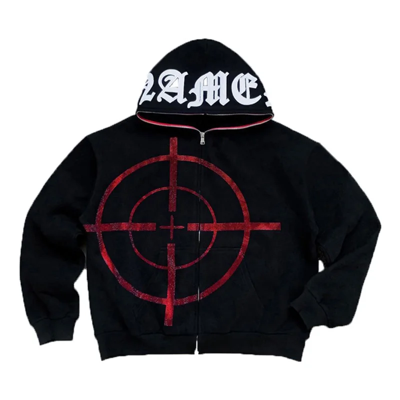

Oversized full zip up over face Y2k Rhinestones Diamond Hoodies Zipper Fleece Goth Punk Sweatshirts Pocket 2022 Fleece American