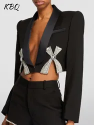 KBQ Temperament Spliced Diamonds Blazer For Women V Neck Long Sleeve Solid Split Straight Cropped Blazers Female Clothing New