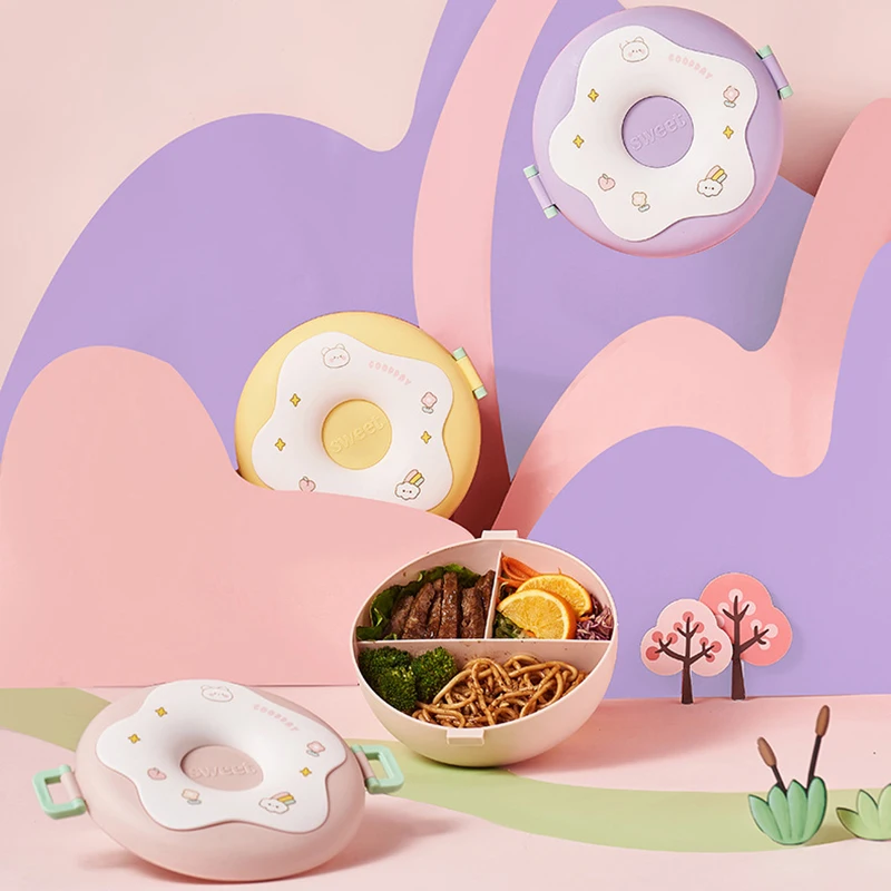 Lunch Box For Kid School Child Snack Box Donut Cartoon Leakproof Bento Box Lunch Bags With Fork Spoon 3 Compartment Microwavable - 4