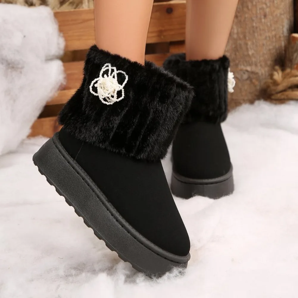 Shoes for Women Winter Slip on Women's Boots Black Round Toe Solid Flock Plush Warm Mid Heel Water Proof Casual Snow Boots Women