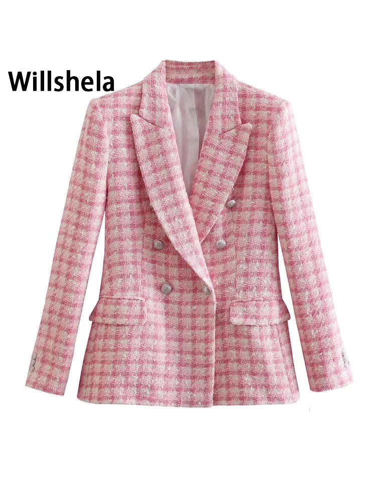 

Willshela Women Fashion With Pockets Plaid Double Breasted Blazer Vintage Long Sleeves Notched Neck Female Office Lady Outfits