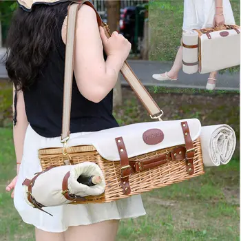 Mutifunctional Wicker Picnic Basket Set for 2 with Blanket and Picnic Table, Insulated Picnic Set with Full Tablewares for 6