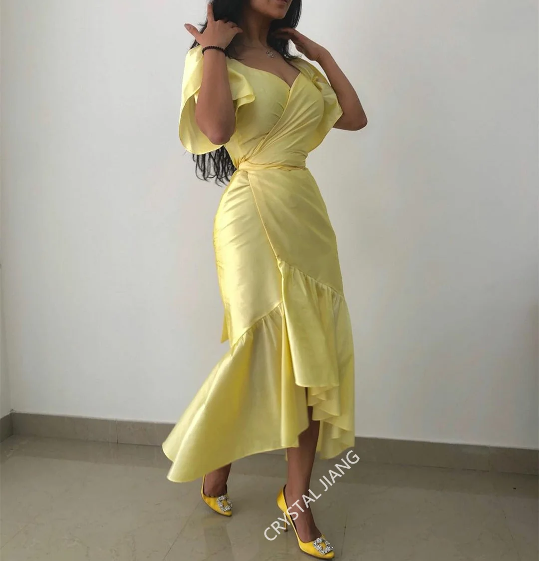 

2023 New Arrival Short V-Neck Formal Occasion Dress Mermaid Pleated Asymmetrical Prom Dress Robe de soirée for Women