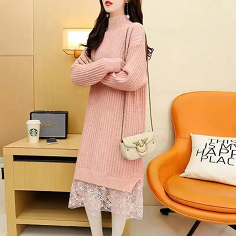 

Sweater Dress Ladies Over The Knee Autumn Winter Dress Women New 2022 loose Floral Lace Knitted Splicing Shirts Dress fp491