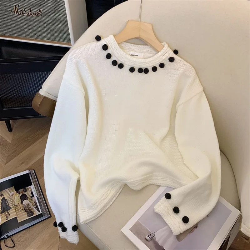 

Plush Ball O Neck Knitwear Pullover Sweater Women Spring Autumn Outwear Knit Jumper Sweater Soft O Neck Korean Knit Tops
