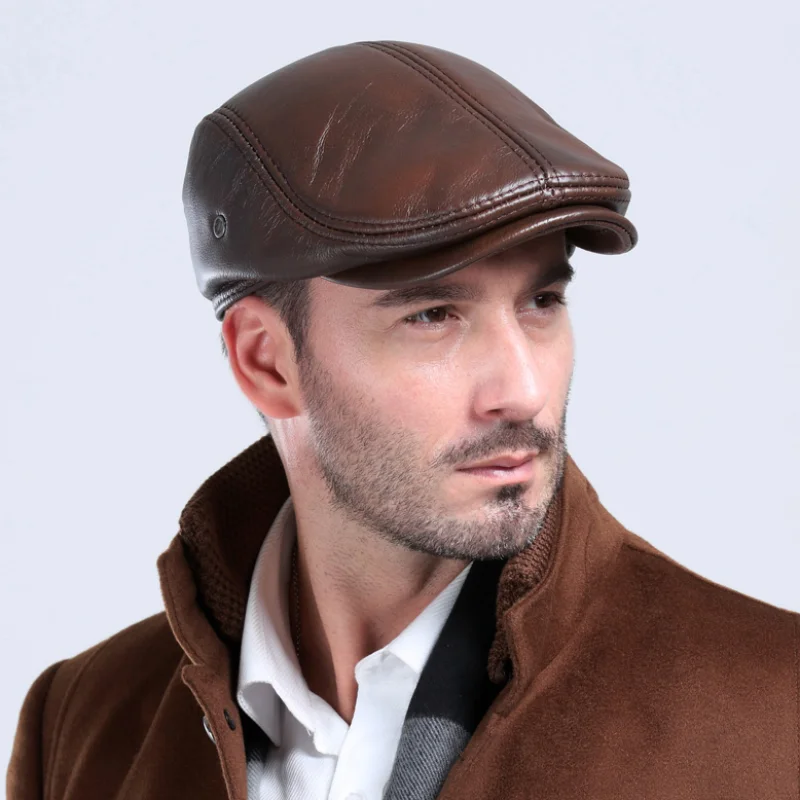 Beret Hat Men's outdoor leather hat winter Berets male warm Ear protection cap genuine leather dad hat Leisure bone