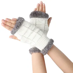 Cozy Wool Knit Fingerless Furry Gloves for Women - Autumn Winter Fashion Warmers (White)