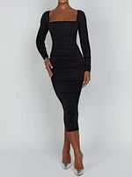Autumn and Winter Women Sexy Bodycon Dress Square Neck Long Sleeved Ladies Evening Dresses - Image 3
