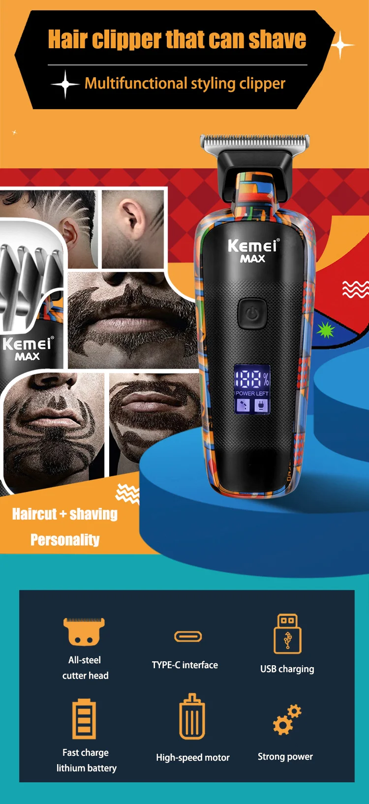 KM-MAX5090 Multifunktions-Trimmer für Herren mit elektrischem Antrieb und Graffiti-Aufdruck, Gesichtsrasierer mit USB-Ladefunktion_voghion.com