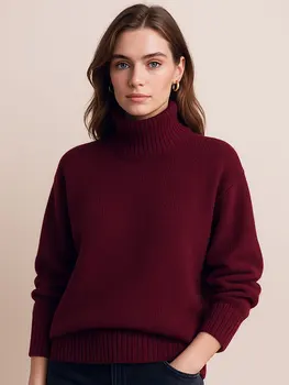 HH Women Elegant Solid Knitted Pullover Long Sleeve Turtleneck Sweater Autumn Winter Loose Casual Maternity Outfit Sweaters