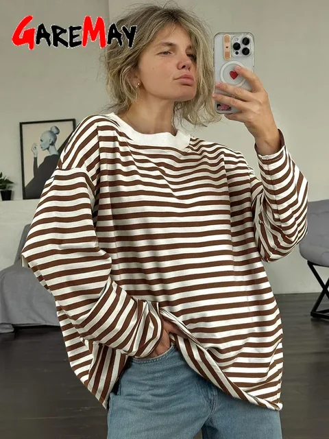 Women's Striped T-shirt 95% Cotton Oversized Black and White Casual Basic Long Sleeve Top Vintage  Casual T-shirts for Women 3