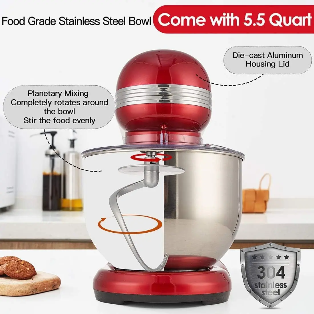 6 Speed Dough Mixer Metal Lid with Stainless Steel Bowl, Tilt-head Kitchen Mixer with Wire Whisk, Dough Hook, Flat Beater 5
