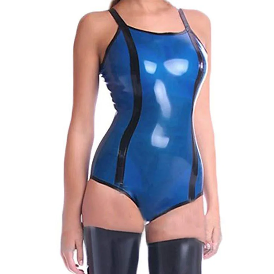 

Transparent Blue and Black Trims Sexy Natural Latex Rubber High Fork Catsuit Swim Suit Plus Size Custom Made Bodysuit S-LC321